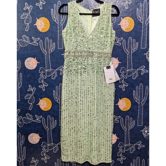 NWT Mac Duggal Sequined Sleeveless V Neck Midi Dress Sage Green Women's Size 4 - Picture 4 of 10